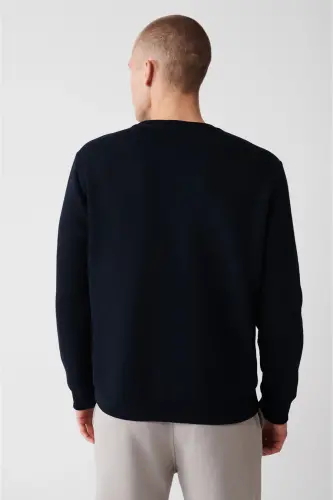 Erkek Lacivert Şardonlu Kumaş Bisiklet Yaka Basic Sweatshirt E001017 - Lacivert - 4