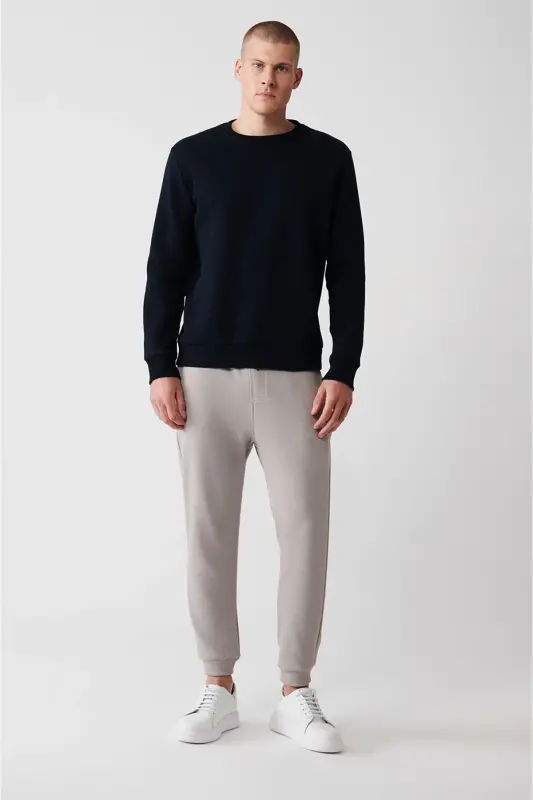 Erkek Lacivert Şardonlu Kumaş Bisiklet Yaka Basic Sweatshirt E001017 - Lacivert - 6