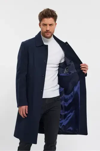 Erkek Lacivert Uzun Regular Fit Kaşe Kaban-LACİVERT - 5