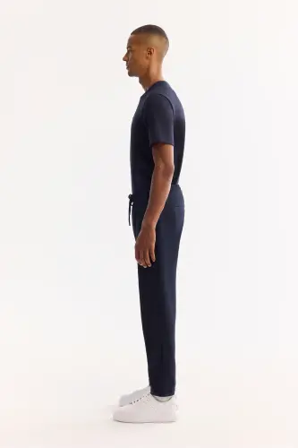 Erkek Lacivert Beli Lastikli Bağcıklı Duble Paça Jogger Relaxed Fit Pantolon E003000 - Lacivert - 3