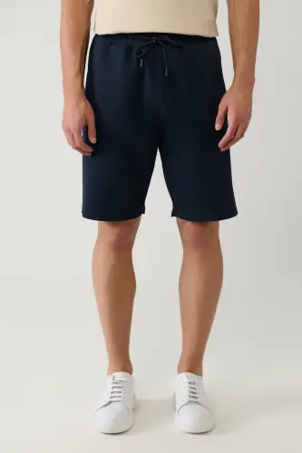 Erkek Lacivert Yandan Cepli Örme Pamuklu 2 İplik Günlük Relaxed Fit Şort E003602-Lacivert - AVVA (1)