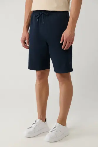 Erkek Lacivert Yandan Cepli Örme Pamuklu 2 İplik Günlük Relaxed Fit Şort E003602-Lacivert - 3