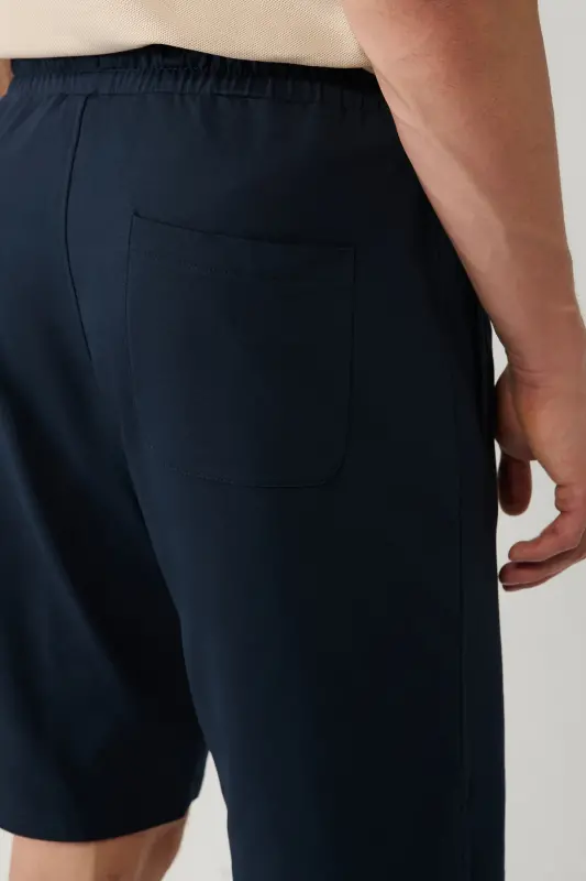 Erkek Lacivert Yandan Cepli Örme Pamuklu 2 İplik Günlük Relaxed Fit Şort E003602-Lacivert - 7