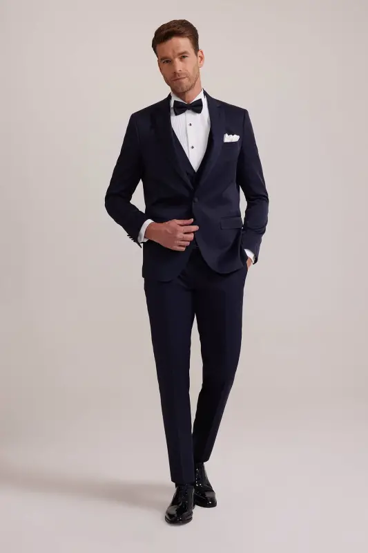 Erkek Lacivert Yelekli Mono Yaka Slim Fit Damatlık - Lacivert - YSF
