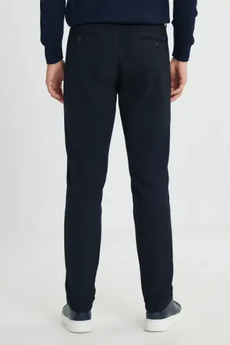 Erkek Lacivert Yünlü Slim Fit Dar Kesim Beli Bağlamalı Diagonal Desenli Yan Cep Casual Pantolon - 6