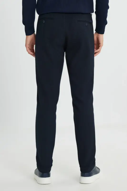 Erkek Lacivert Yünlü Slim Fit Dar Kesim Beli Bağlamalı Diagonal Desenli Yan Cep Casual Pantolon - 6