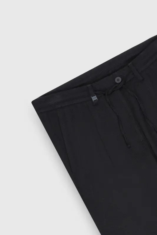 Erkek Lacivert Yünlü Slim Fit Dar Kesim Beli Bağlamalı Diagonal Desenli Yan Cep Casual Pantolon - 9