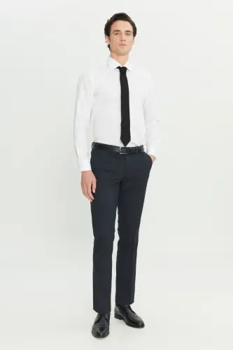 Erkek Lacivert Yünlü Slim Fit Dar Kesim Yan Cep Klasik Pantolon-Lacivert - 3