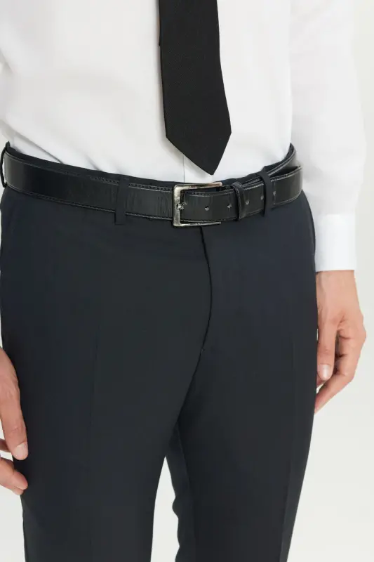 Erkek Lacivert Yünlü Slim Fit Dar Kesim Yan Cep Klasik Pantolon-Lacivert - 5