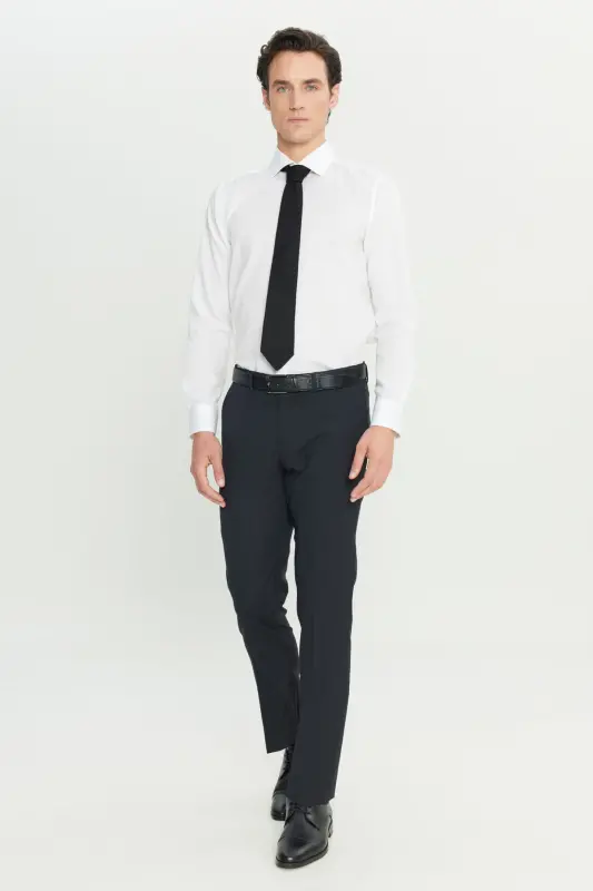 Erkek Lacivert Yünlü Slim Fit Dar Kesim Yan Cep Klasik Pantolon-Lacivert - 2