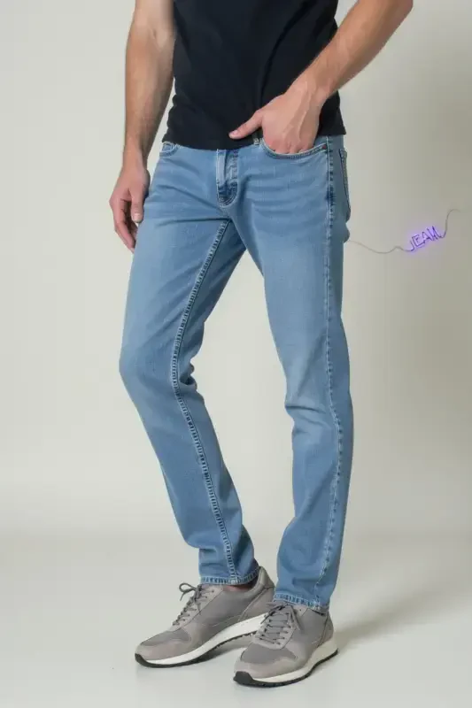 Erkek Likralı Denim Regular Fit Jeans-Buz Mavi - 5