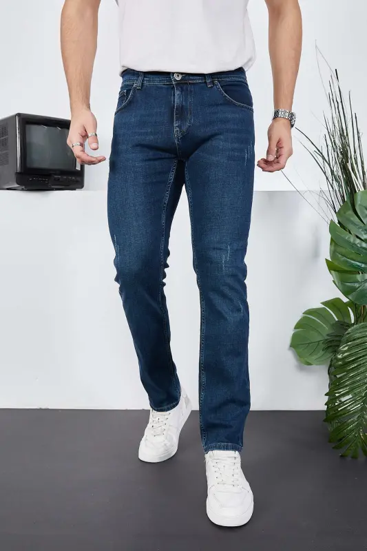 Erkek Likralı Denim Regular Fit Jeans - Tırnaklı Mavi - 2