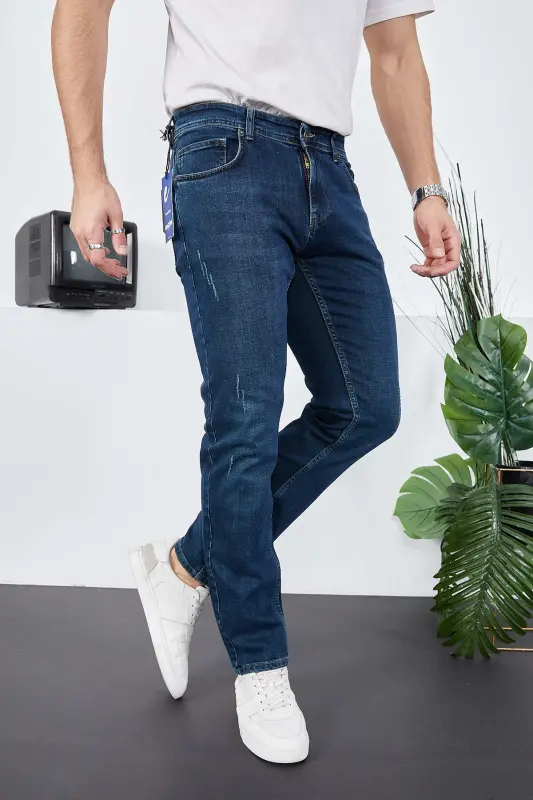 Erkek Likralı Denim Regular Fit Jeans - Tırnaklı Mavi - 3
