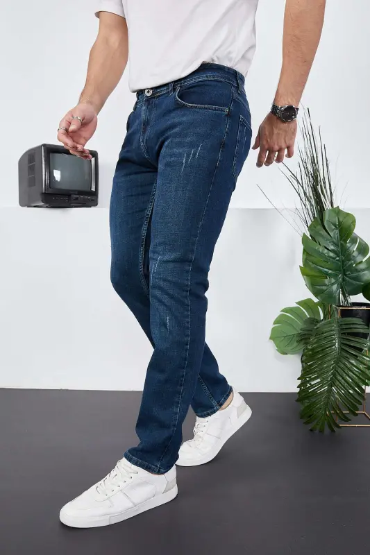 Erkek Likralı Denim Regular Fit Jeans - Tırnaklı Mavi - 4