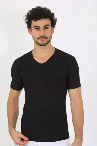 Erkek Likralı V Yaka Siyah T-Shirt 65700 - 7