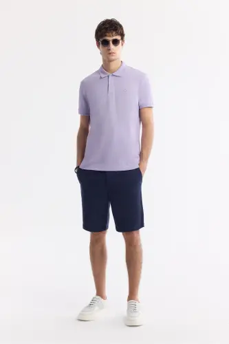 Erkek Lila Kıvrılmaz Polo Yaka %100 Pamuk Basic Regular Fit T-Shirt B001032 - Lila - 5