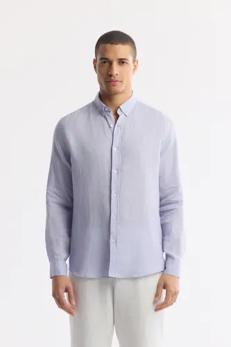 Erkek Lila Düğmeli Yaka %100 Keten Comfort Fit Gömlek B002191-Lila 