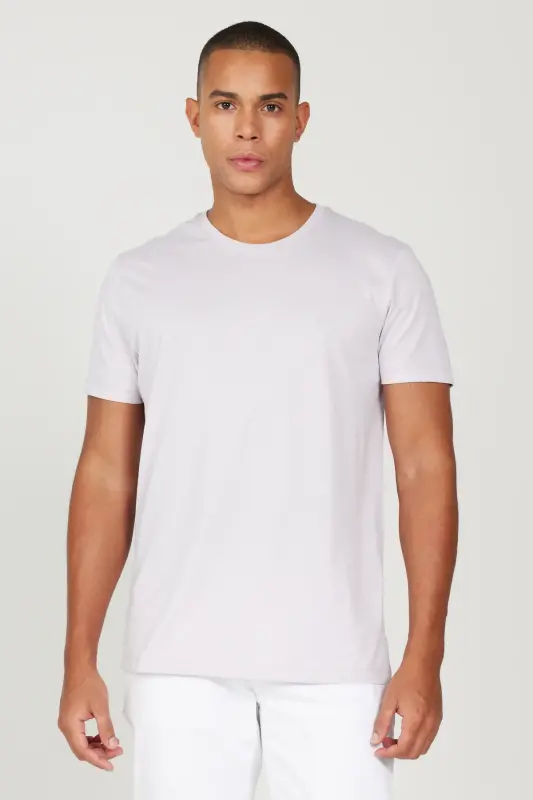 Erkek Lila Slim Fit Dar Kesim %100 Pamuk Bisiklet Yaka Basic Tişört-Lila - 4