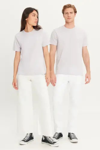 Erkek Lila Slim Fit Dar Kesim %100 Pamuk Bisiklet Yaka Basic Tişört-Lila - 5