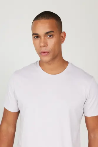 Erkek Lila Slim Fit Dar Kesim %100 Pamuk Bisiklet Yaka Basic Tişört-Lila - 7