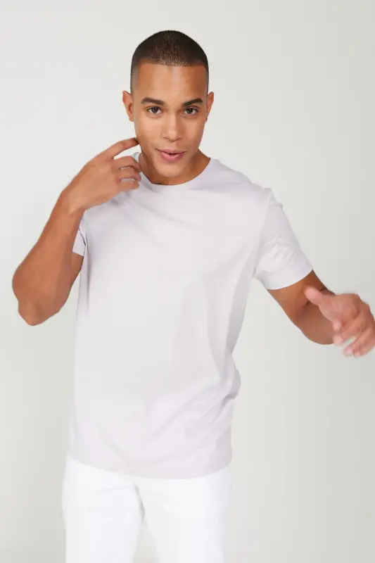 Erkek Lila Slim Fit Dar Kesim %100 Pamuk Bisiklet Yaka Basic Tişört-Lila - 9