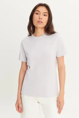 Erkek Lila Slim Fit Dar Kesim %100 Pamuk Bisiklet Yaka Basic Tişört-Lila - 6