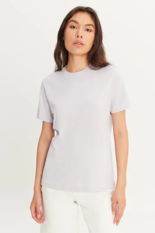 Erkek Lila Slim Fit Dar Kesim %100 Pamuk Bisiklet Yaka Basic Tişört-Lila - 6