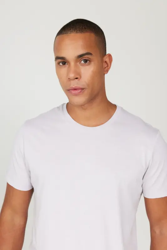 Erkek Lila Slim Fit Dar Kesim %100 Pamuk Bisiklet Yaka Basic Tişört-Lila - 7
