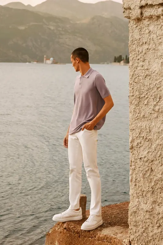 Erkek Lila Standart Fit Normal Kesim Polo Yaka %100 Pamuk Kısa Kollu Triko Tişört-Lila - 2