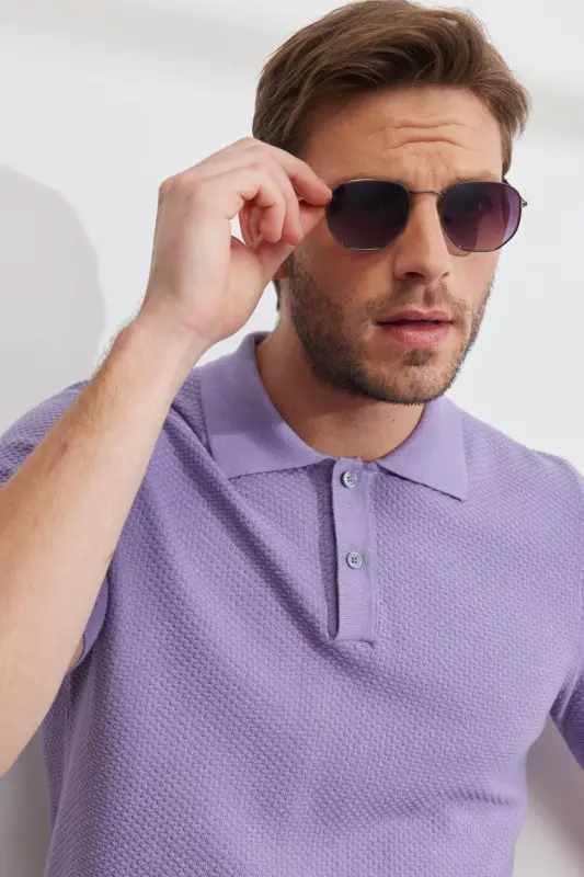Erkek Lila Standart Fit Normal Kesim Polo Yaka %100 Pamuk Kısa Kollu Triko Tişört-Lila - 8