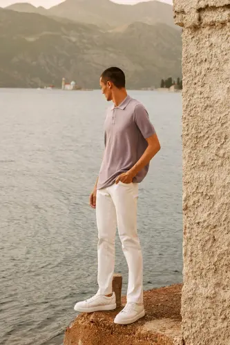 Erkek Lila Standart Fit Normal Kesim Polo Yaka %100 Pamuk Kısa Kollu Triko Tişört - Lila - 1