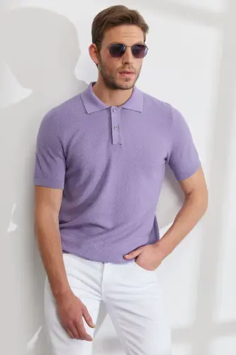 Erkek Lila Standart Fit Normal Kesim Polo Yaka %100 Pamuk Kısa Kollu Triko Tişört - Lila - 3