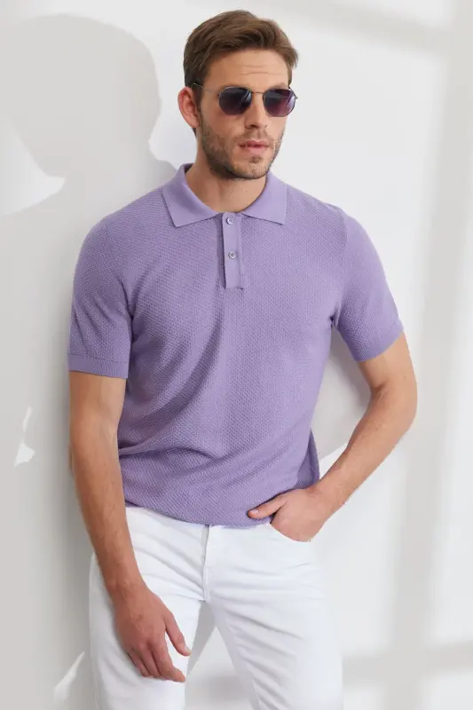 Erkek Lila Standart Fit Normal Kesim Polo Yaka %100 Pamuk Kısa Kollu Triko Tişört - Lila - 3