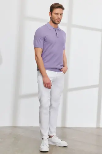 Erkek Lila Standart Fit Normal Kesim Polo Yaka %100 Pamuk Kısa Kollu Triko Tişört - Lila - 4