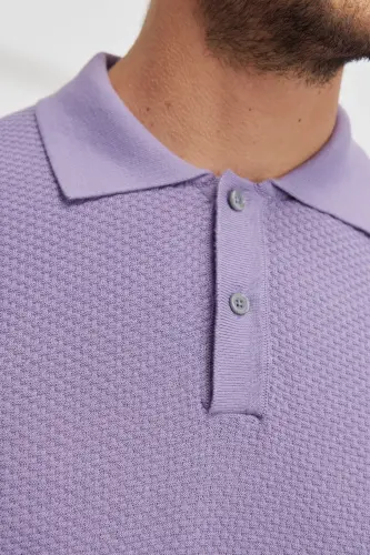 Erkek Lila Standart Fit Normal Kesim Polo Yaka %100 Pamuk Kısa Kollu Triko Tişört - Lila - 5