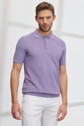 Erkek Lila Standart Fit Normal Kesim Polo Yaka %100 Pamuk Kısa Kollu Triko Tişört - Lila - 6