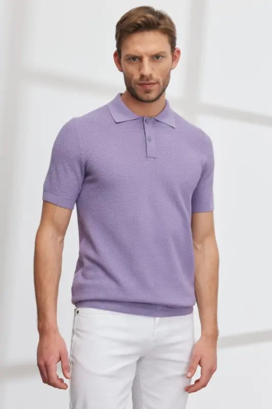 Erkek Lila Standart Fit Normal Kesim Polo Yaka %100 Pamuk Kısa Kollu Triko Tişört - Lila - 6