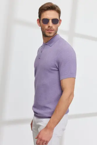 Erkek Lila Standart Fit Normal Kesim Polo Yaka %100 Pamuk Kısa Kollu Triko Tişört - Lila - 7