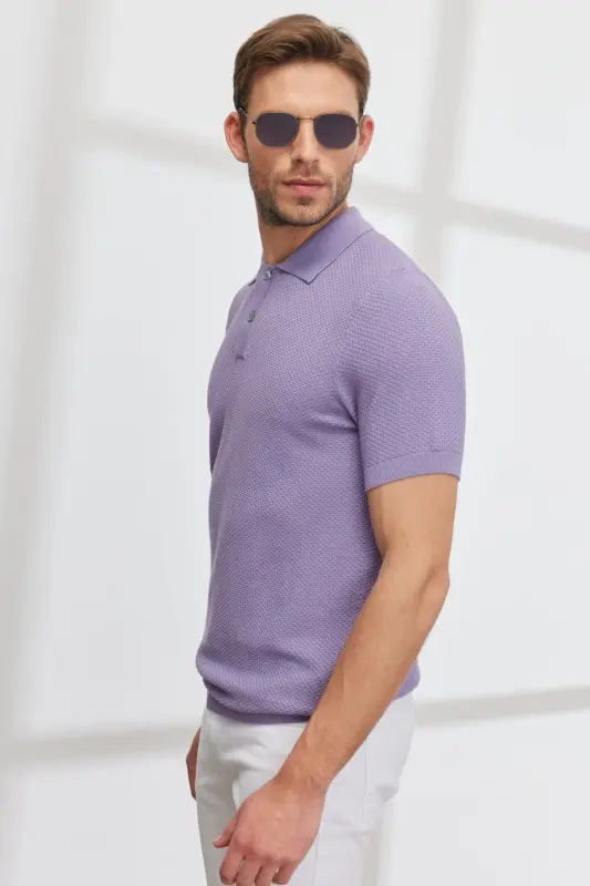 Erkek Lila Standart Fit Normal Kesim Polo Yaka %100 Pamuk Kısa Kollu Triko Tişört - Lila - 7
