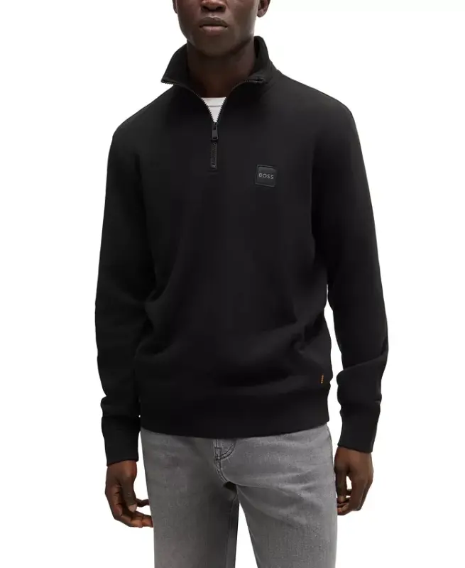 BOSS by Men's Cotton Terry Logo Patch Zip-Neck Sweatshirt - Black - HUGO BOSS