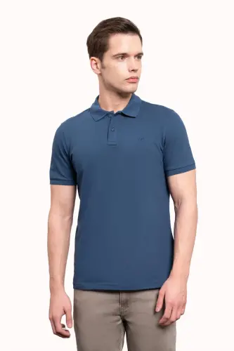 Erkek Marine Basic Düz %100 Pamuk Slim Fit Dar Kesim Kısa Kollu Polo Yaka Tişört - 3