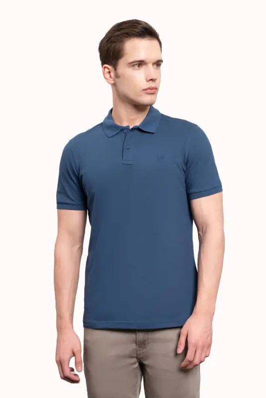 Erkek Marine Basic Düz %100 Pamuk Slim Fit Dar Kesim Kısa Kollu Polo Yaka Tişört - 3
