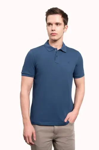 Erkek Marine Basic Düz %100 Pamuk Slim Fit Dar Kesim Kısa Kollu Polo Yaka Tişört - 4