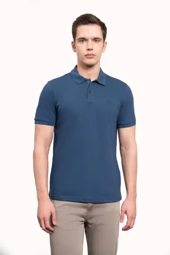 Erkek Marine Basic Düz %100 Pamuk Slim Fit Dar Kesim Kısa Kollu Polo Yaka Tişört 