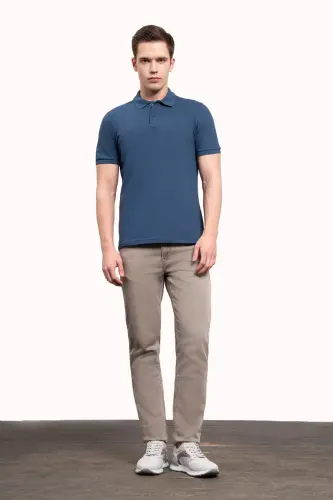 Erkek Marine Basic Düz %100 Pamuk Slim Fit Dar Kesim Kısa Kollu Polo Yaka Tişört - MORVEN (1)