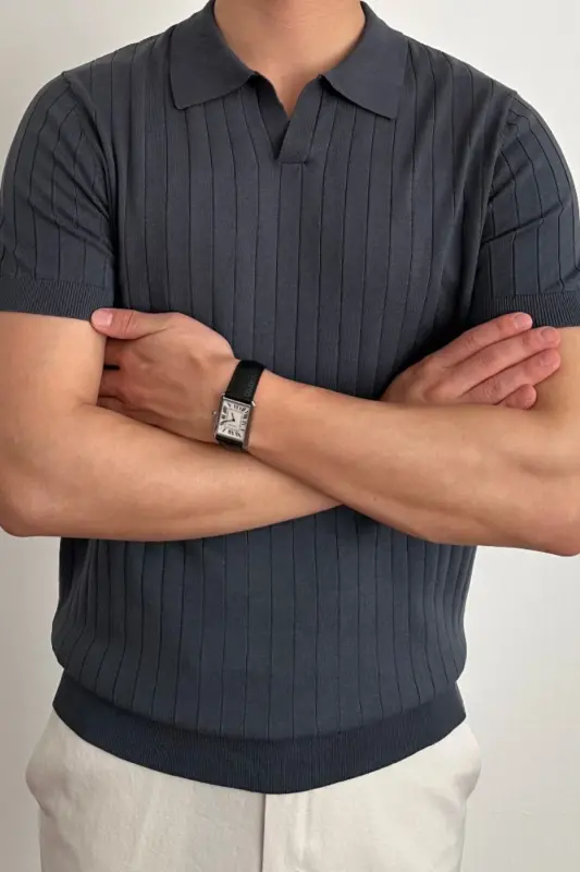 Erkek Mat Füme Slim Fit Fitilli Polo Yaka Triko T-Shirt - Mat FÜME - 1