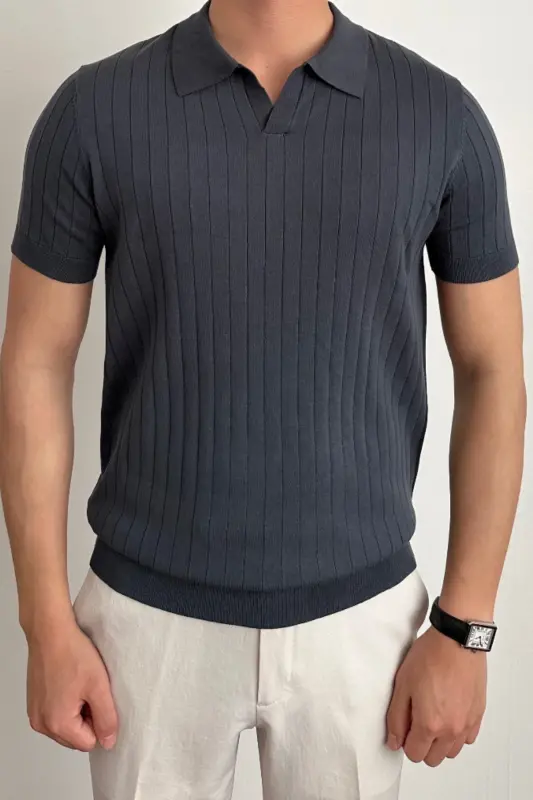 Erkek Mat Füme Slim Fit Fitilli Polo Yaka Triko T-Shirt - Mat FÜME - 2