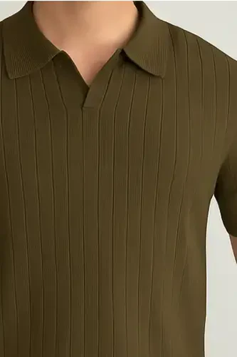 Erkek Mat Haki Slim Fit Fitilli Polo Yaka Triko T-Shirt-Mat HAKİ - 2