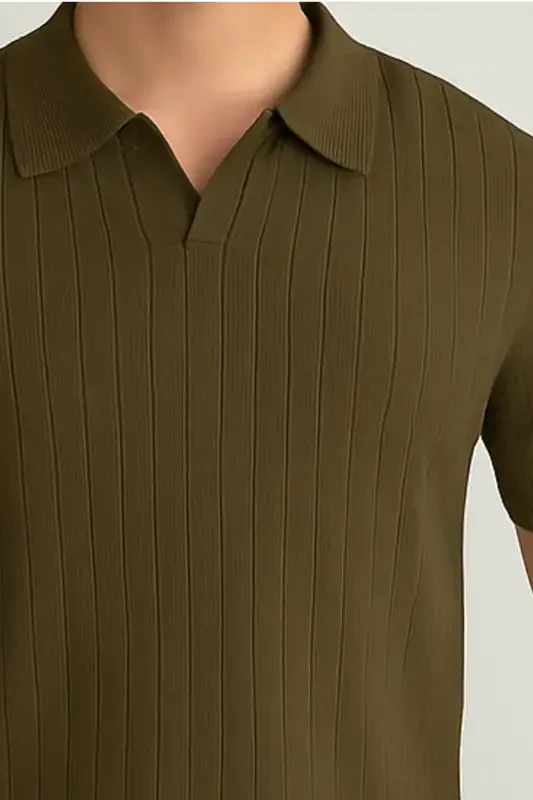 Erkek Mat Haki Slim Fit Fitilli Polo Yaka Triko T-Shirt-Mat HAKİ - 2