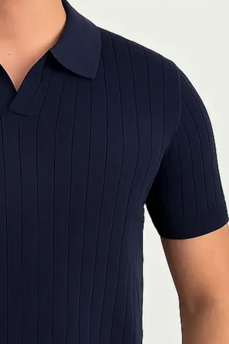 Erkek Mat Lacivert Slim Fit Fitilli Polo Yaka Triko T-Shirt - Mat LACİVERT - 2